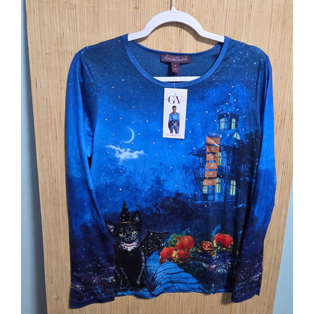 Gloria Vanderbilt Halloween Tee Batwing Cat Rhinestone Long Sleeve Shirt Blue M